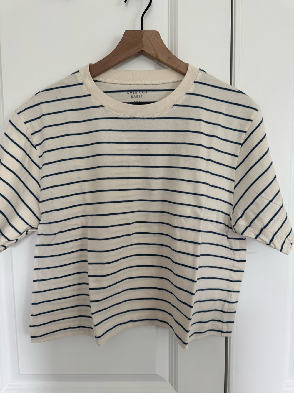 American Eagle Outfitters Cream and Navy Striped Short Sleeve Tee